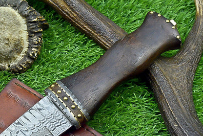 12 Inch Handmade Damascus Steel Dagger Knife with Natural Wood Handle and Sheath for Hunting and Camping