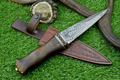 12 Inch Handmade Damascus Steel Dagger Knife with Natural Wood Handle and Sheath for Hunting and Camping