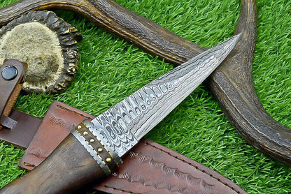 12 Inch Handmade Damascus Steel Dagger Knife with Natural Wood Handle and Sheath for Hunting and Camping
