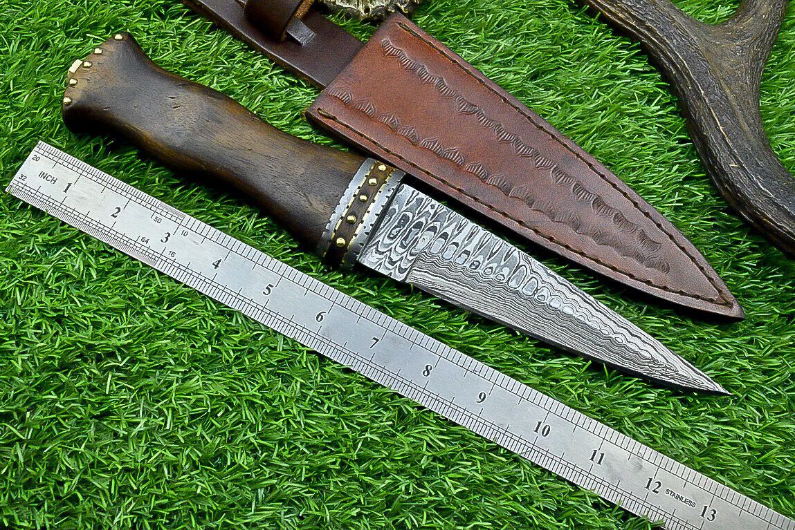 12 Inch Handmade Damascus Steel Dagger Knife with Natural Wood Handle and Sheath for Hunting and Camping