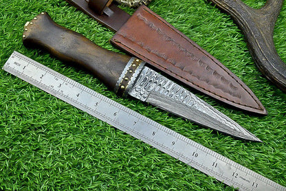 12 Inch Handmade Damascus Steel Dagger Knife with Natural Wood Handle and Sheath for Hunting and Camping