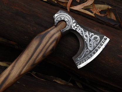 Custom Forged Viking Tomahawk Axe with Ash Wood Handle and Leather Sheath