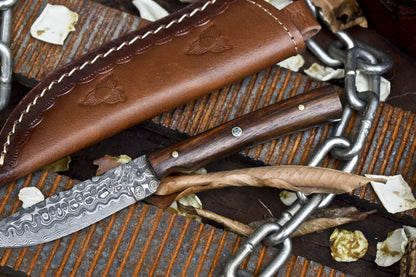 Hand Forged Rain Drop Damascus Skinner Knife – Walnut Wood Handle with Leather Sheath for Survival and Hunting