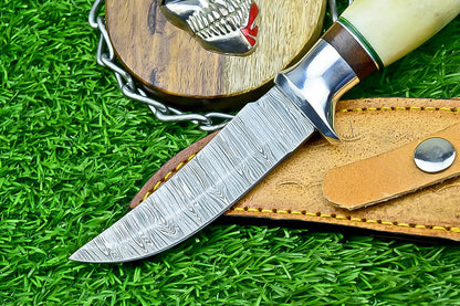 9 Inch Damascus Steel Hunting Knife with Bone Handle and Steel Bolster