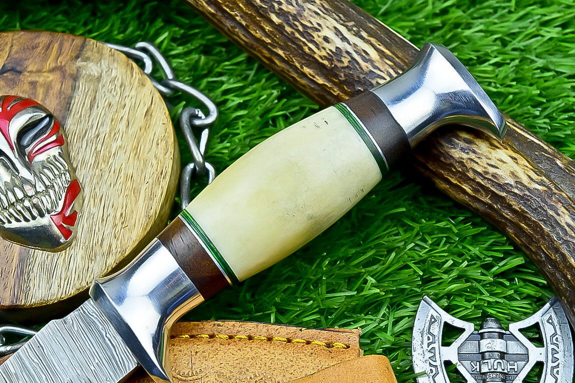 9 Inch Damascus Steel Hunting Knife with Bone Handle and Steel Bolster