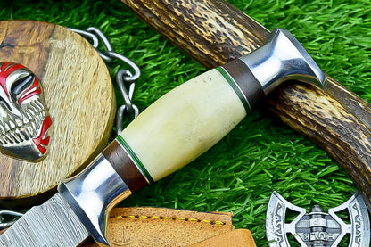 9 Inch Damascus Steel Hunting Knife with Bone Handle and Steel Bolster