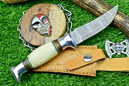 9 Inch Damascus Steel Hunting Knife with Bone Handle and Steel Bolster