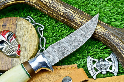 9 Inch Damascus Steel Hunting Knife with Bone Handle and Steel Bolster