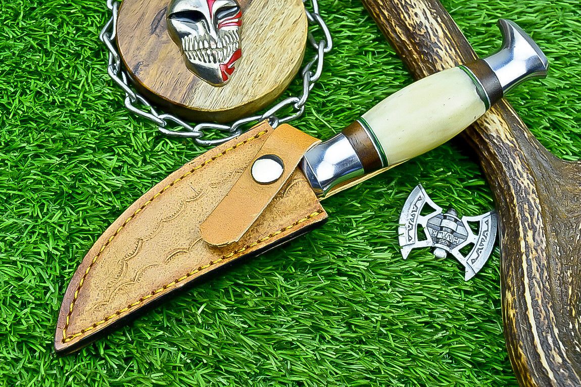 9 Inch Damascus Steel Hunting Knife with Bone Handle and Steel Bolster