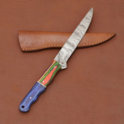 Hand-Forged Damascus Steel Fillet Knife – Custom Kitchen Chef Knife with Wood Handle & Leather Sheath