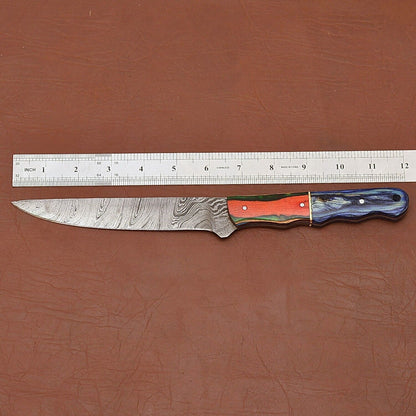 Hand-Forged Damascus Steel Fillet Knife – Custom Kitchen Chef Knife with Wood Handle & Leather Sheath