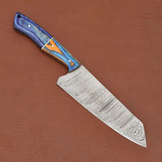Custom Handmade 12" Damascus Steel Chef Knife | Wood Handle with Leather Sheath