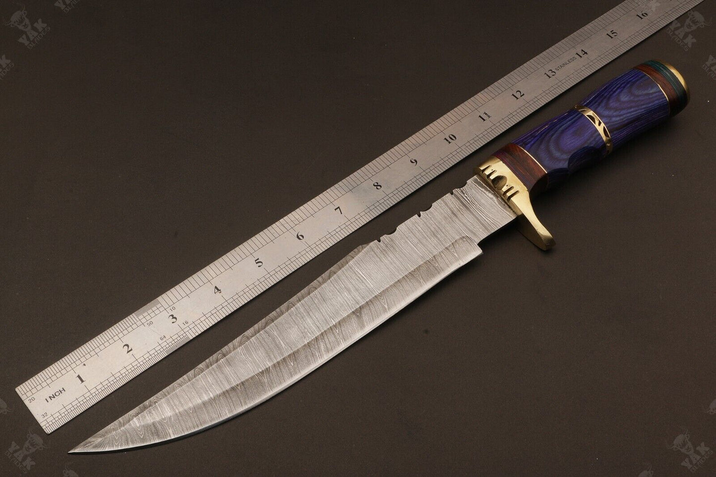 15 Inch Handmade Fire Damascus Steel Bowie Knife with Wood And Brass Handle by Heritage Forge