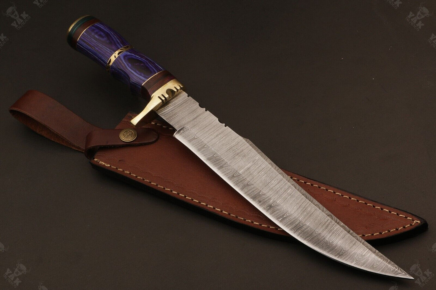 15 Inch Handmade Fire Damascus Steel Bowie Knife with Wood And Brass Handle by Heritage Forge