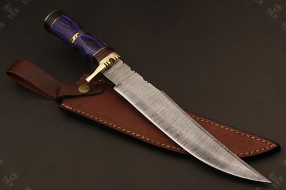 15 Inch Handmade Fire Damascus Steel Bowie Knife with Wood And Brass Handle by Heritage Forge