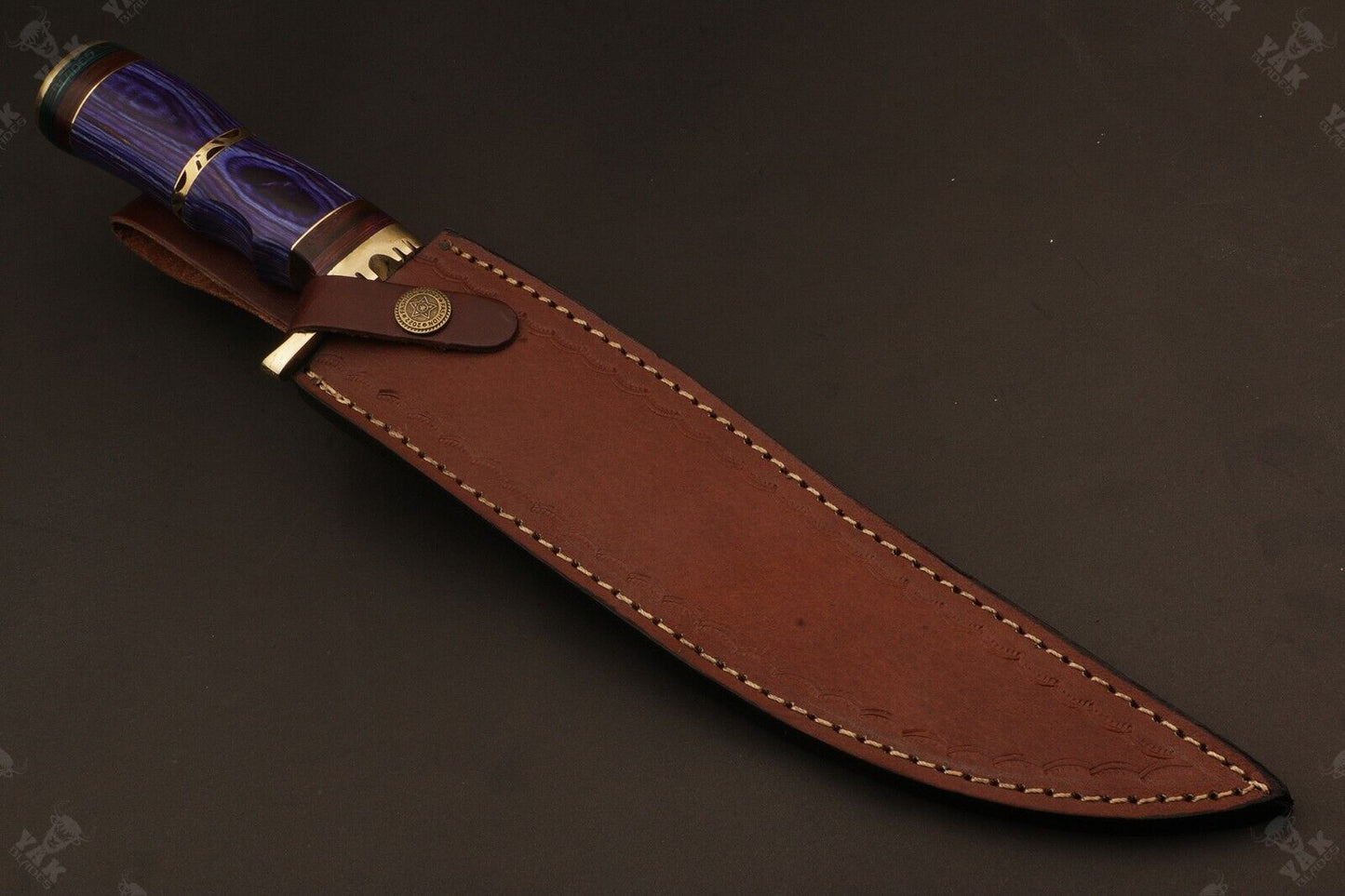 15 Inch Handmade Fire Damascus Steel Bowie Knife with Wood And Brass Handle by Heritage Forge