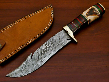 Handmade Damascus Custom Burn Camel Bone & Pakka Wood Bowie Hunting Knife