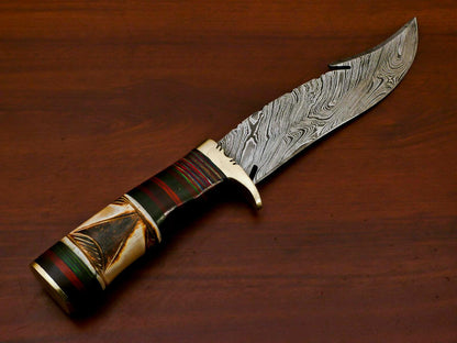 Handmade Damascus Custom Burn Camel Bone & Pakka Wood Bowie Hunting Knife