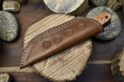 Twist Damascus Skinner Knife with Olive Wood Handle and Wooden Bolster