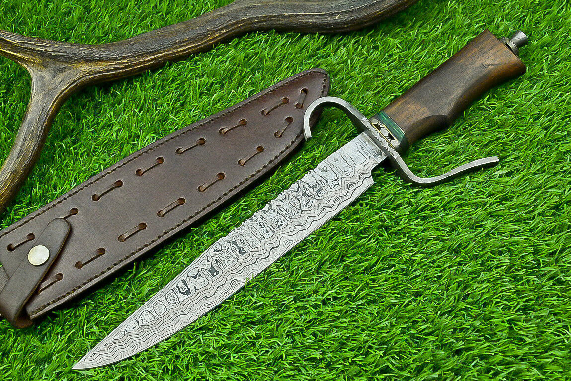 15 Inch Custom Handmade Damascus Steel Bowie Hunting Knife with Wood Handle and Steel Guard