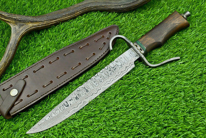 15 Inch Custom Handmade Damascus Steel Bowie Hunting Knife with Wood Handle and Steel Guard