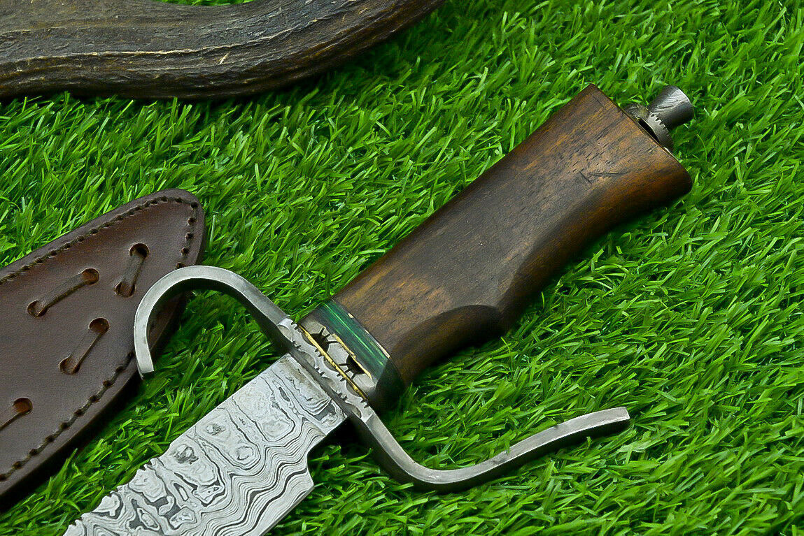 15 Inch Custom Handmade Damascus Steel Bowie Hunting Knife with Wood Handle and Steel Guard