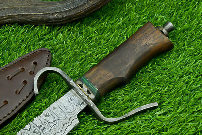 15 Inch Custom Handmade Damascus Steel Bowie Hunting Knife with Wood Handle and Steel Guard