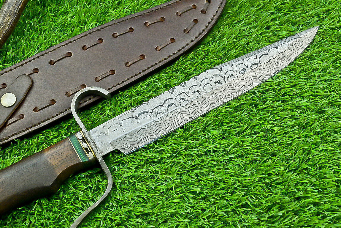 15 Inch Custom Handmade Damascus Steel Bowie Hunting Knife with Wood Handle and Steel Guard
