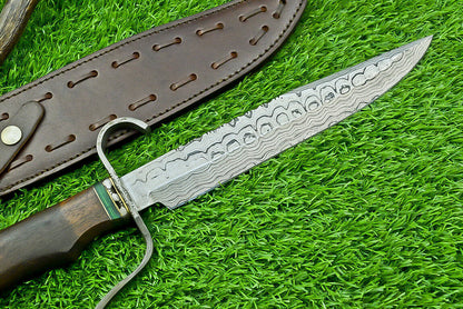 15 Inch Custom Handmade Damascus Steel Bowie Hunting Knife with Wood Handle and Steel Guard