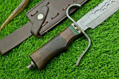 15 Inch Custom Handmade Damascus Steel Bowie Hunting Knife with Wood Handle and Steel Guard