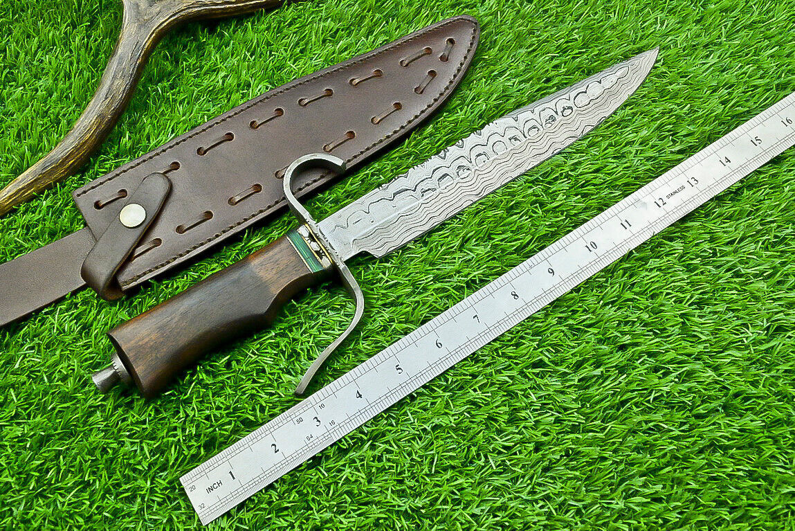 15 Inch Custom Handmade Damascus Steel Bowie Hunting Knife with Wood Handle and Steel Guard