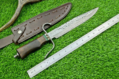 15 Inch Custom Handmade Damascus Steel Bowie Hunting Knife with Wood Handle and Steel Guard