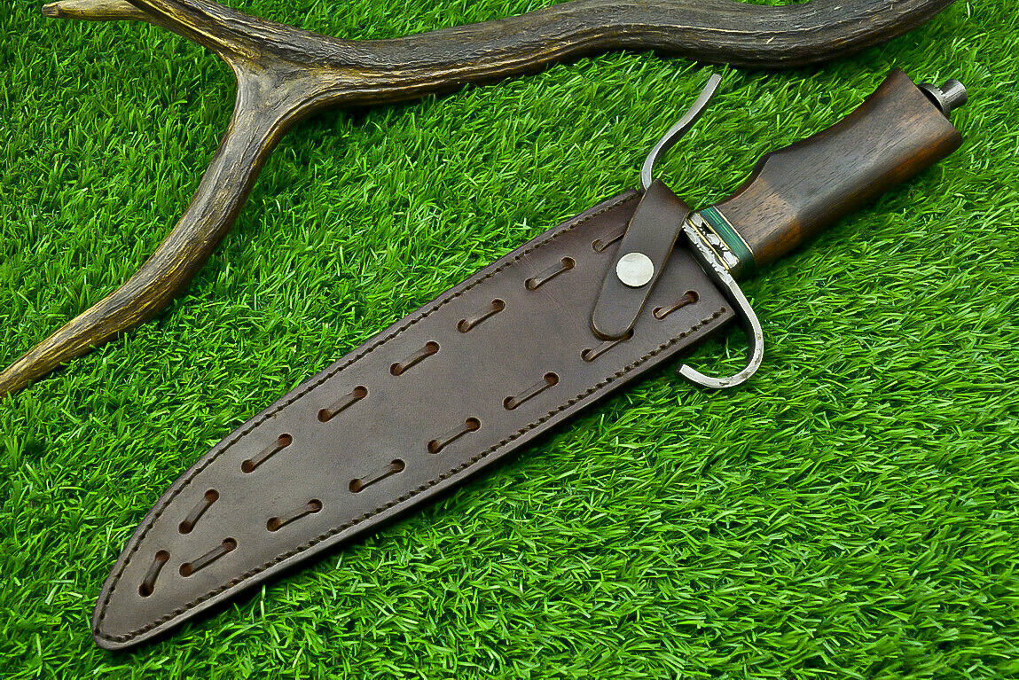15 Inch Custom Handmade Damascus Steel Bowie Hunting Knife with Wood Handle and Steel Guard