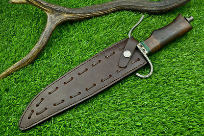 15 Inch Custom Handmade Damascus Steel Bowie Hunting Knife with Wood Handle and Steel Guard