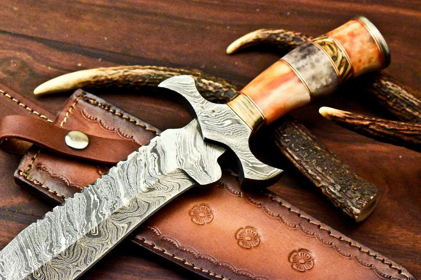 15" Damascus Steel Bowie Knife – Farms Camel Bone Handle | Rare Handmade Hunting Blade