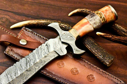 15" Damascus Steel Bowie Knife – Farms Camel Bone Handle | Rare Handmade Hunting Blade