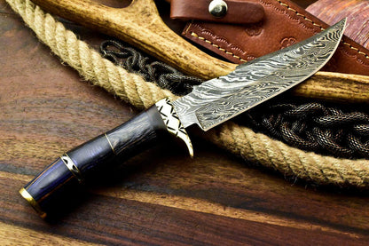 Custom Handmade Damascus Steel Bowie Hunting Knife | Hard Wood Handle