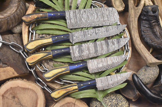 Hand Crafted Chef Knife Set – Twist Damascus Steel with Hardwood Handle (Lot of 5 Hunting Knives)