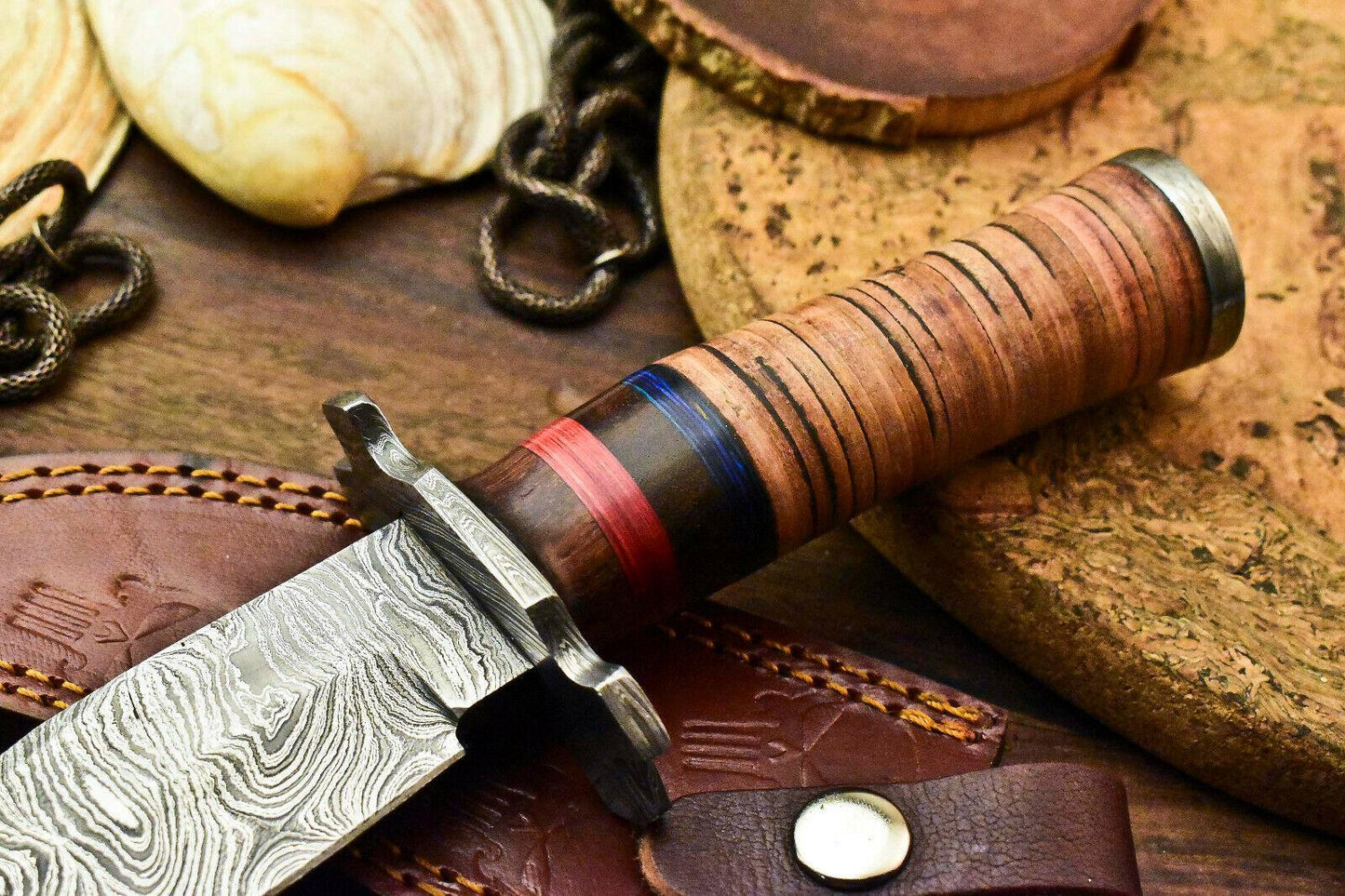Custom Damascus Steel Bowie Knife – Stacked Leather Handle, 10.5" Hunting Blade