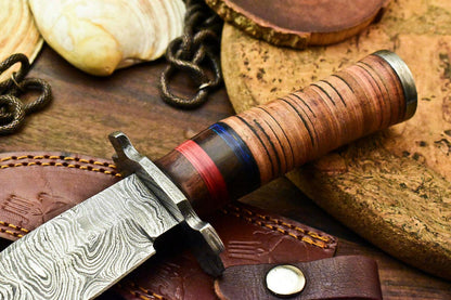 Custom Damascus Steel Bowie Knife – Stacked Leather Handle, 10.5" Hunting Blade
