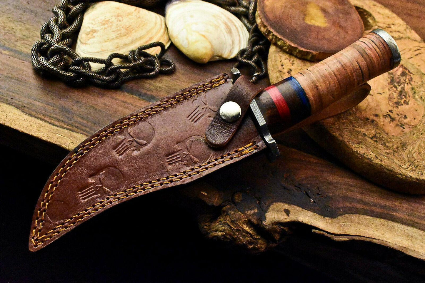 Custom Damascus Steel Bowie Knife – Stacked Leather Handle, 10.5" Hunting Blade
