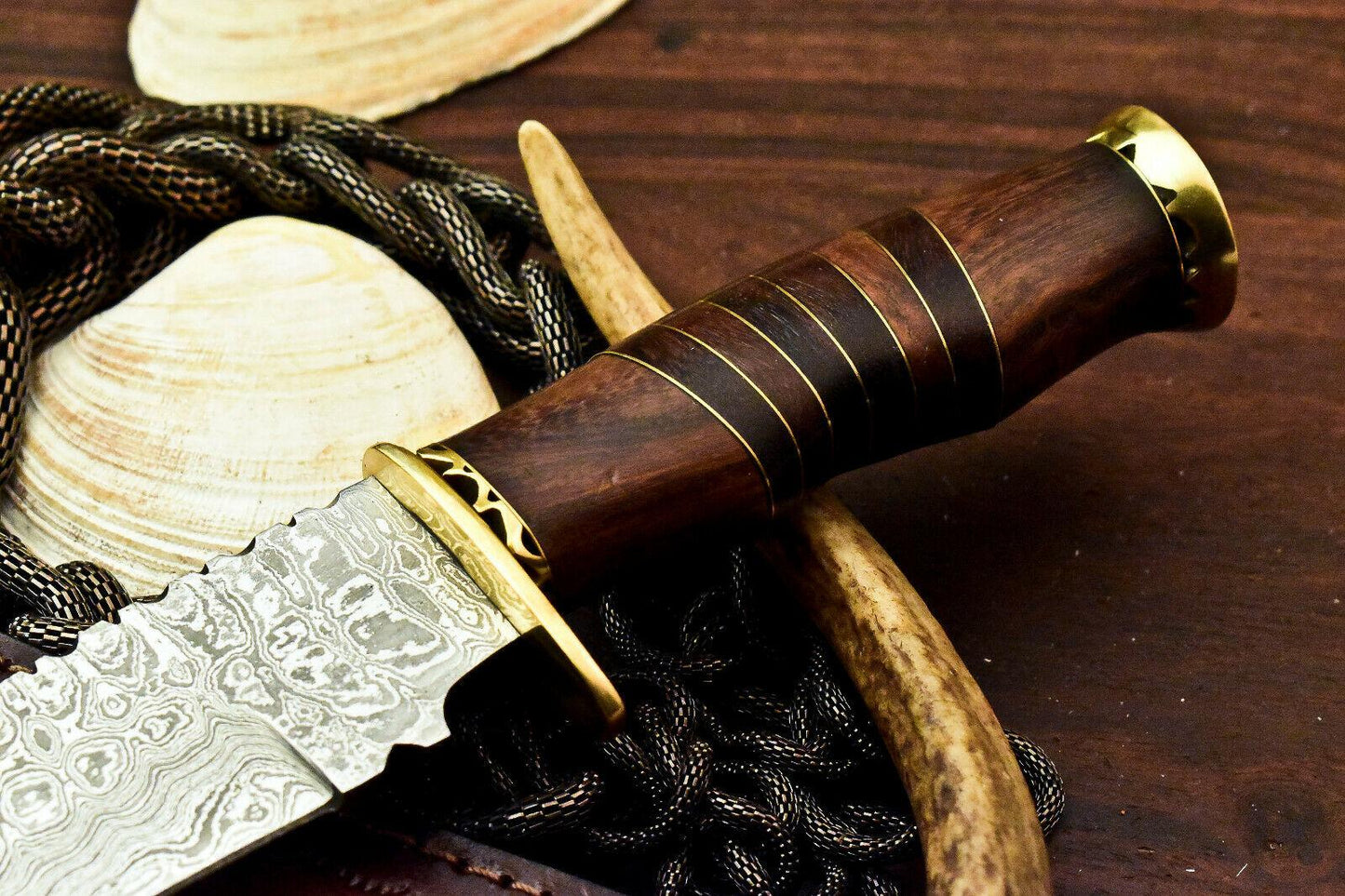 Damascus Steel Bowie Knife – 14" Walnut Wood Handle