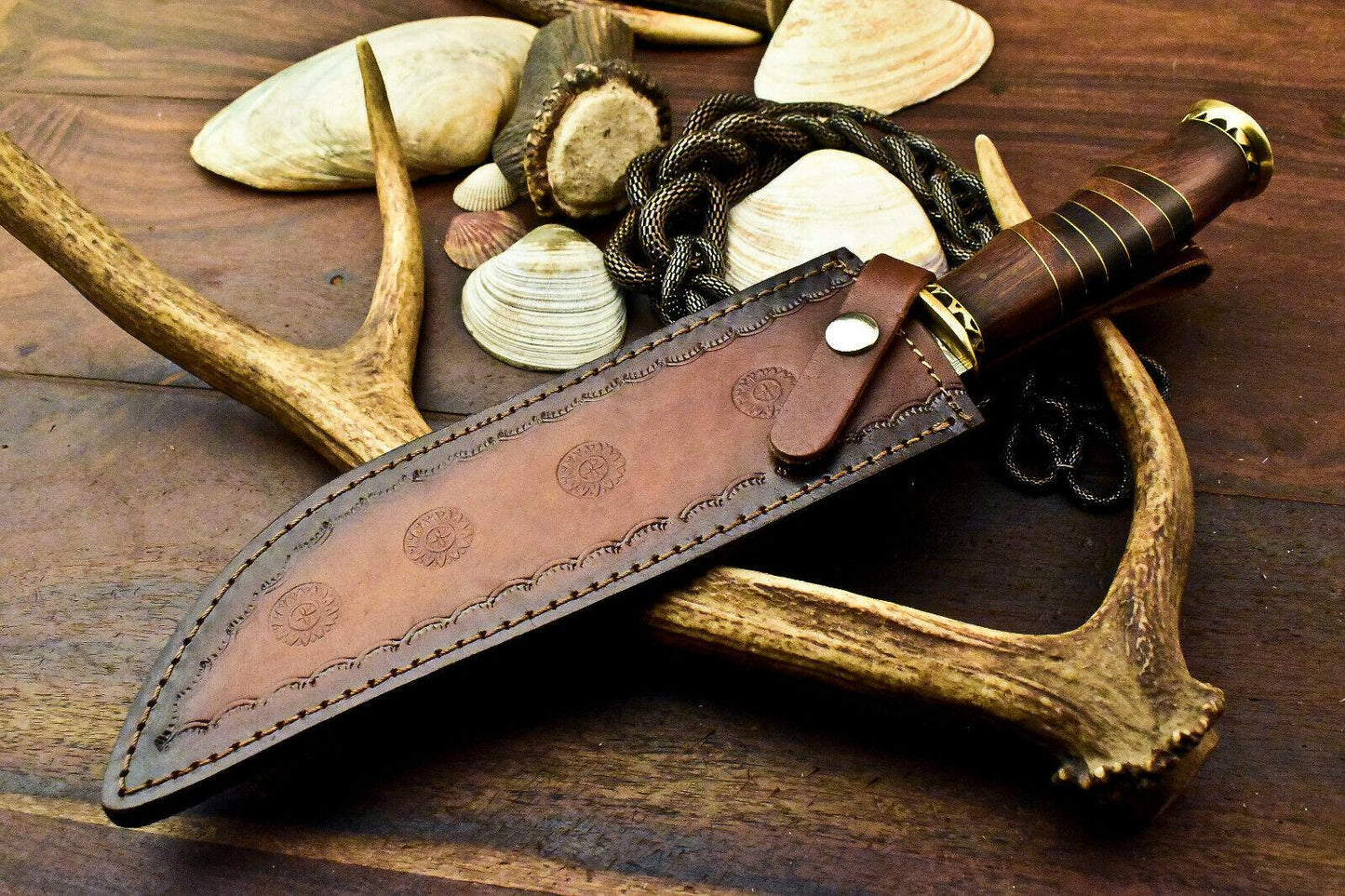 Damascus Steel Bowie Knife – 14" Walnut Wood Handle