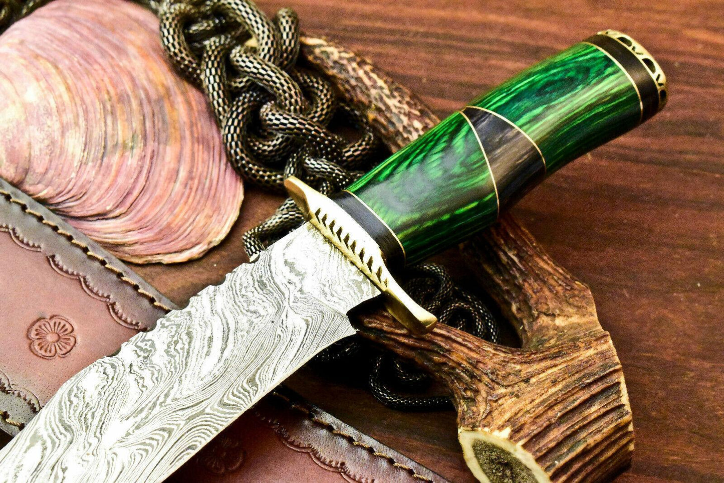 14" Rare Handmade Damascus Bowie Hunting Knife | Hard Wood Handle