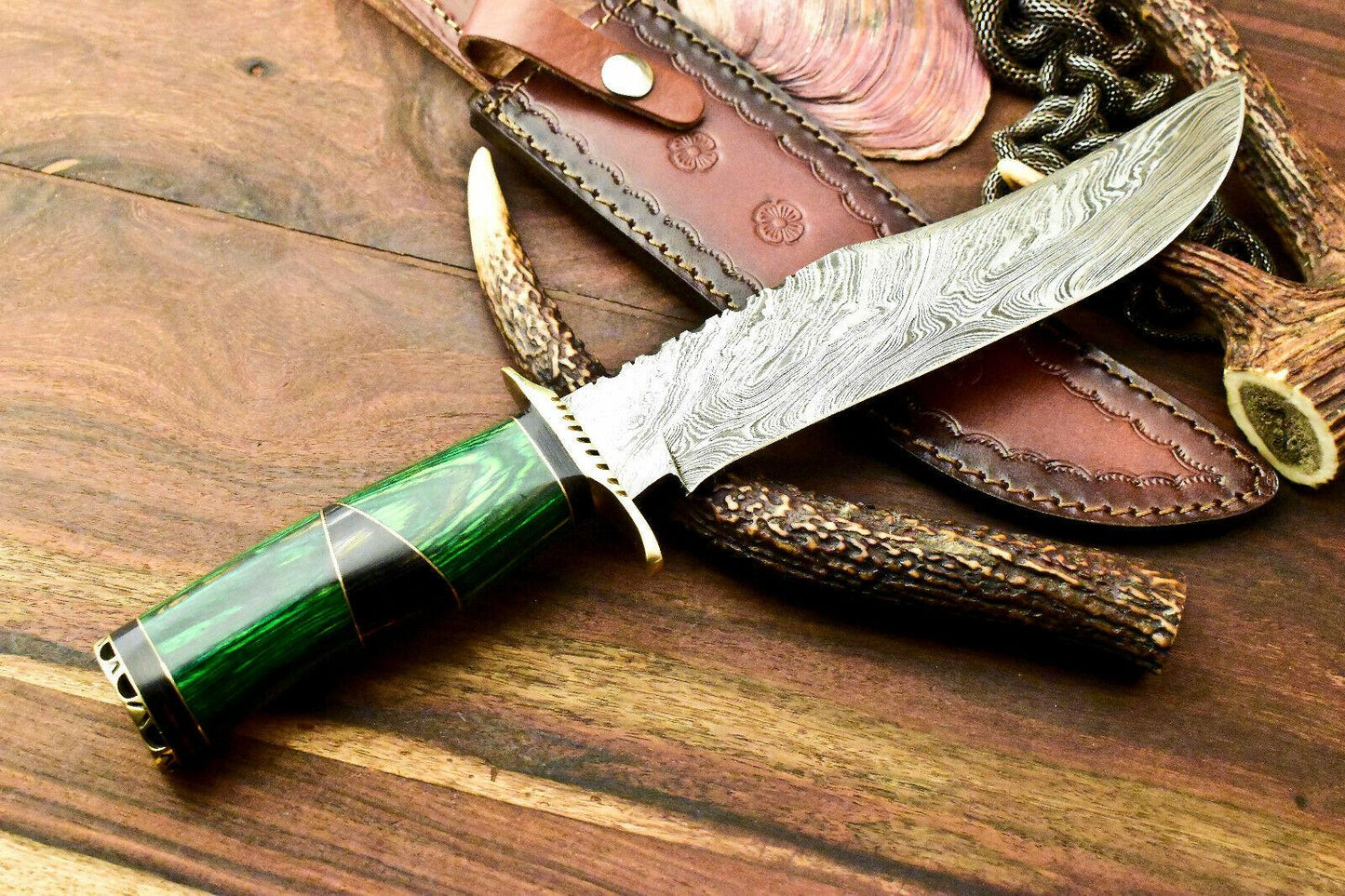 14" Rare Handmade Damascus Bowie Hunting Knife | Hard Wood Handle