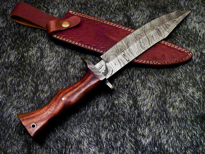 13.5 Inch Handmade Damascus Steel Bowie Knife with Natural Wood Handle