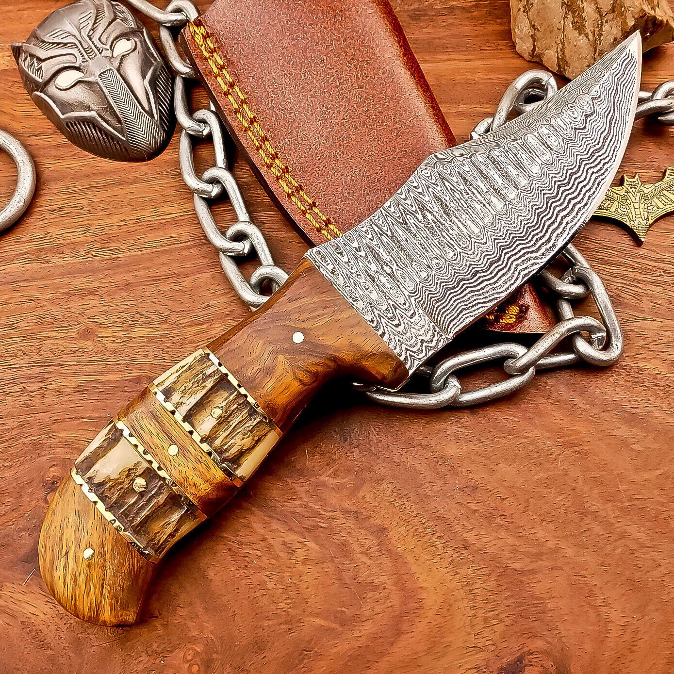 8" Custom Damascus Bowie Knife – Stag Horn & Wood Handle