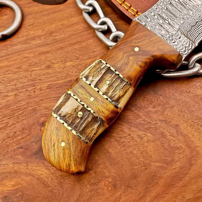 8" Custom Damascus Bowie Knife – Stag Horn & Wood Handle