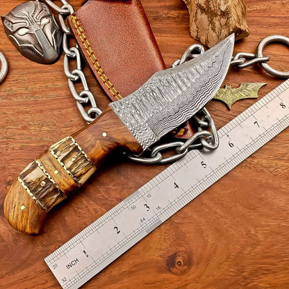 8" Custom Damascus Bowie Knife – Stag Horn & Wood Handle
