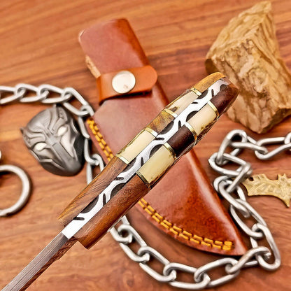 8" Custom Damascus Bowie Knife – Stag Horn & Wood Handle